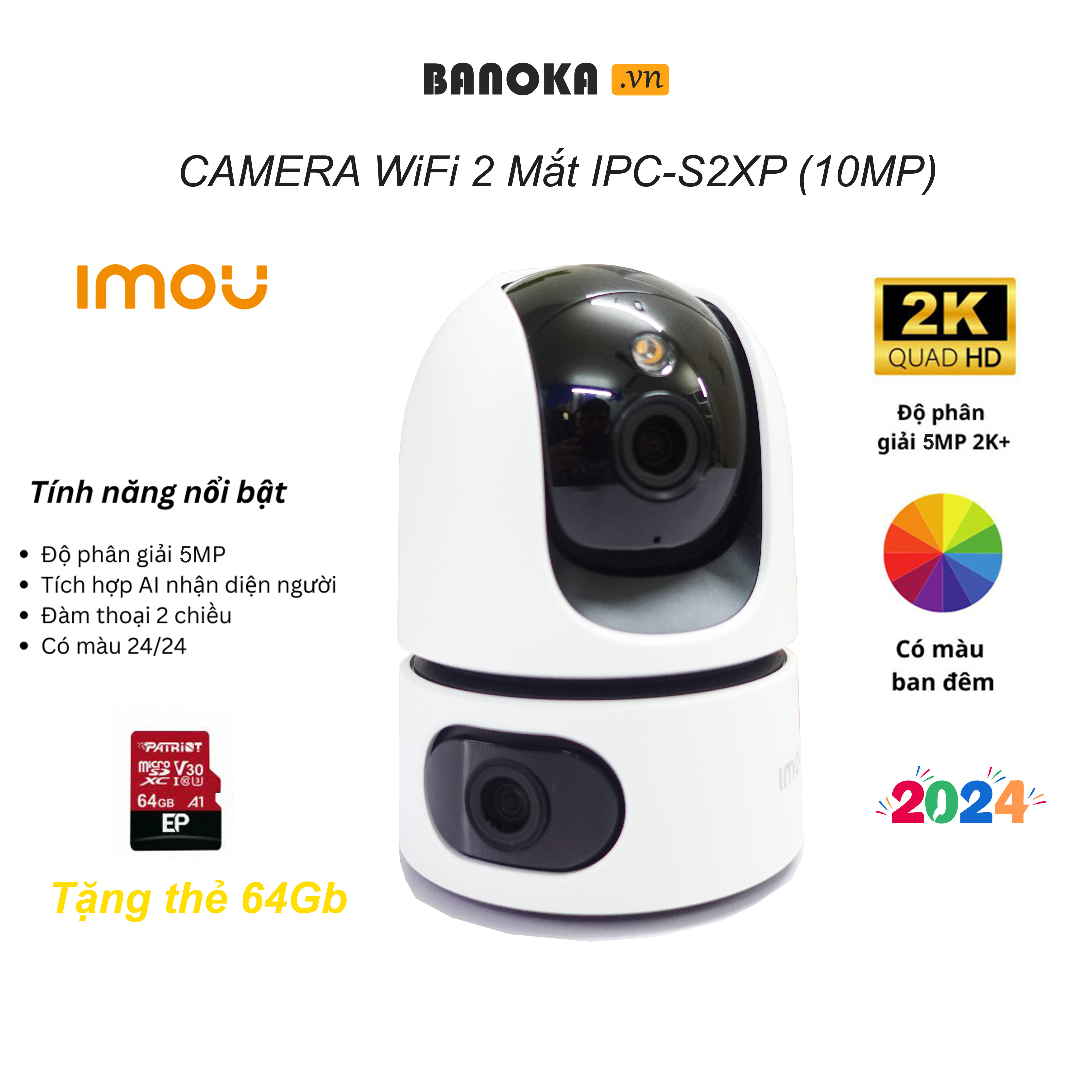 Camera wifi 2 mắt IMOU IPC-S2XP 10MP, Chống ngược sáng HDR, báo động chủ động, Đàm thoại 2 chiều